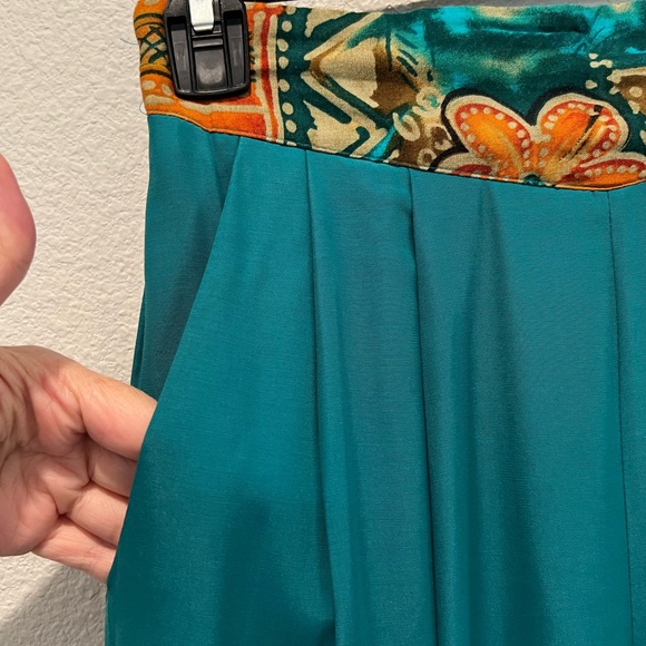 Vintage 80s 2 Piece Set Top Pants Teal Hawaiian Print Trim High Waisted Pleated - Picture 13 of 15